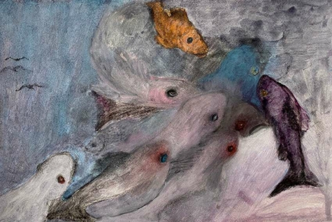 Zeichnung Fische | Motiv Fische-GM-mm-0029 | Manfred Michl | Kunstdrucke auf Alu-Dibond und Leinwand | Kategorie Figur Tiere | Mischtechnik Pastelkreide | Fische |