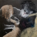 woman with cat | garego Artprints | Motif woman with cat-GM-mm-0039 | Art for everyone! | Manfred Michael | pastel chalk | Art prints on aluminum dibond and canvas | in floating frame | woman with cat | Category Figure Animals | Category figure human |