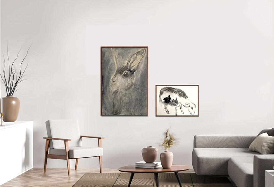 Interior|2 pictures|120x90|45x30|canvas|shadow gap frame|walnut|category animals|Manfred Michl|