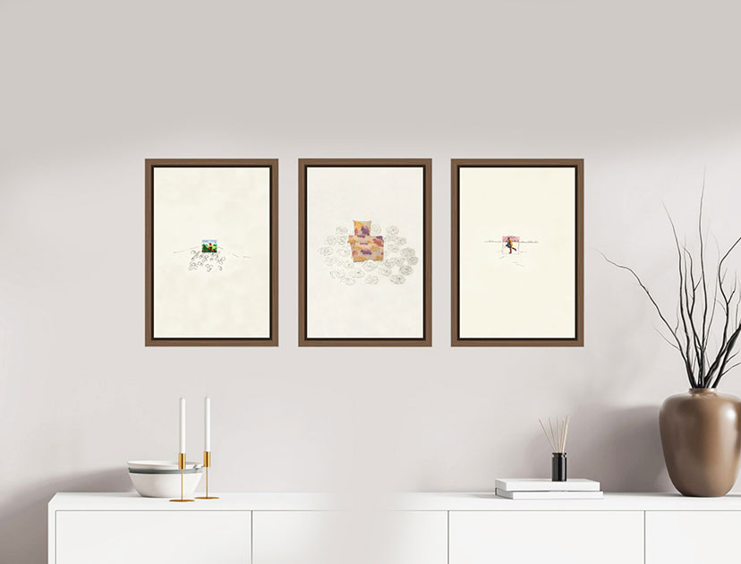 Interior|3 pictures|45x30 cm|Alu-Dibond|Shadow gap frame|Alder brown|Collages|Jutta Konjer|