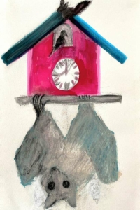 Cuckoo Bat|garego Artprints | Motif cuckoo and bat-GM-mm-0021 | Bat and cuckoo clock | on aluminum dibond or canvas | in floating frame | Manfred Michl
